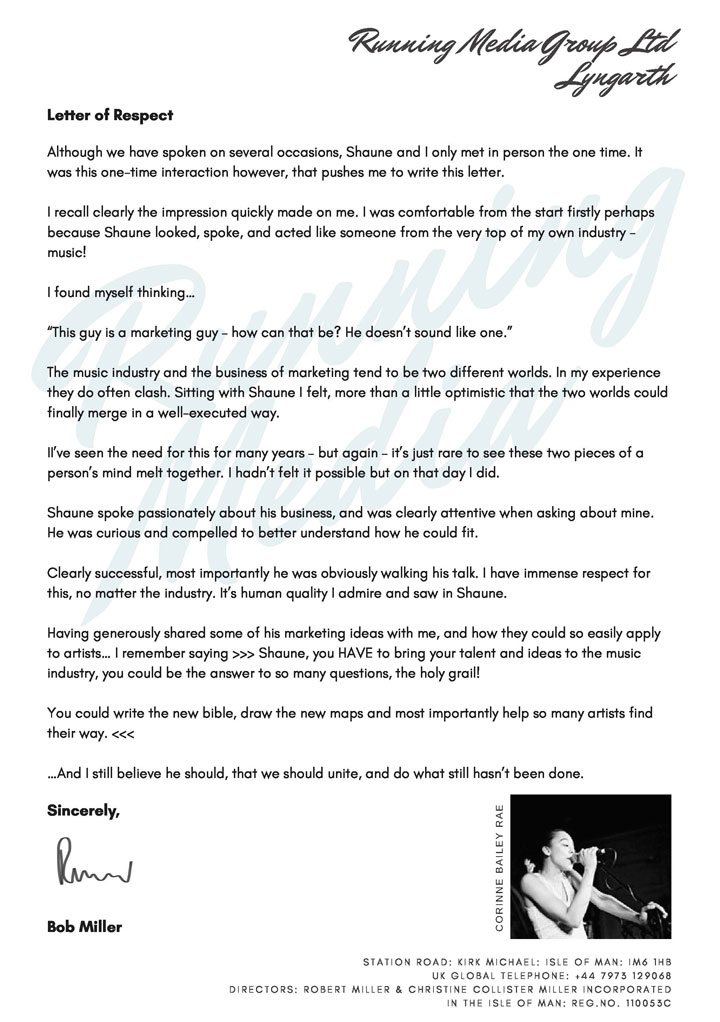 Bob Miller letter of respect to Shaune Clarke.