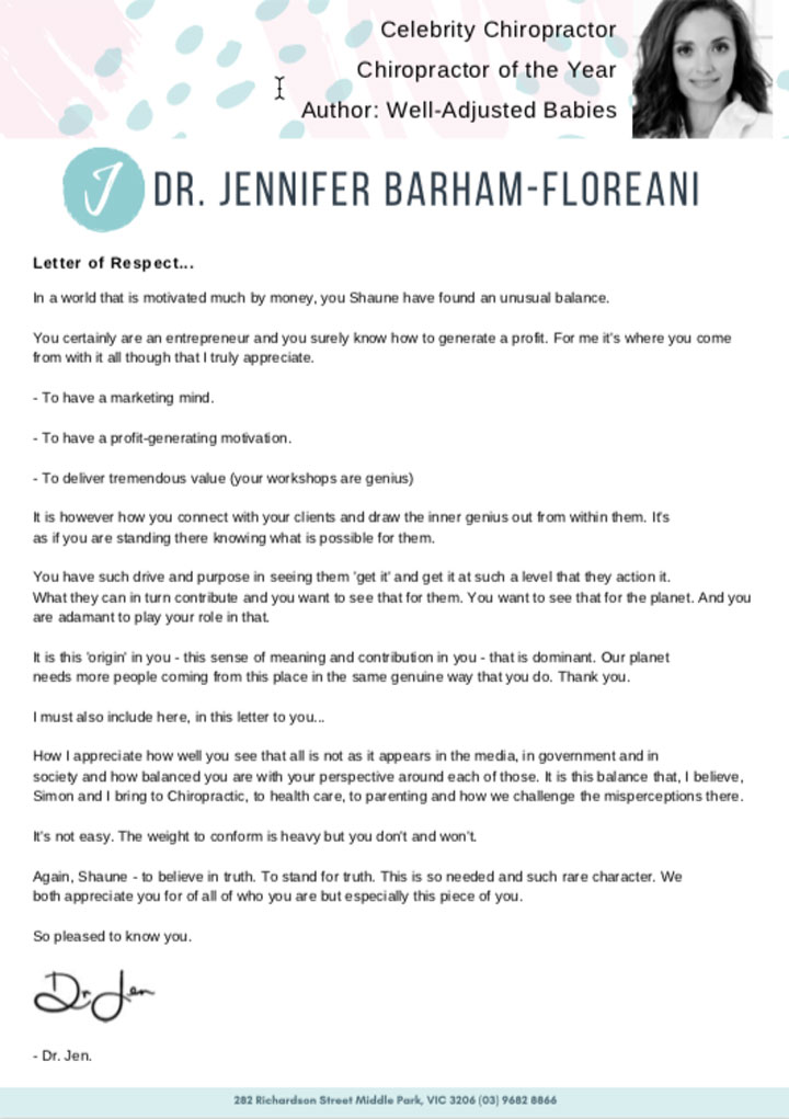 Dr. Jennifer Barham-Floreani letter of respect to Shaune Clarke.