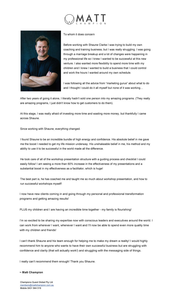 Matt Champion letter of respect to Shaune Clarke.